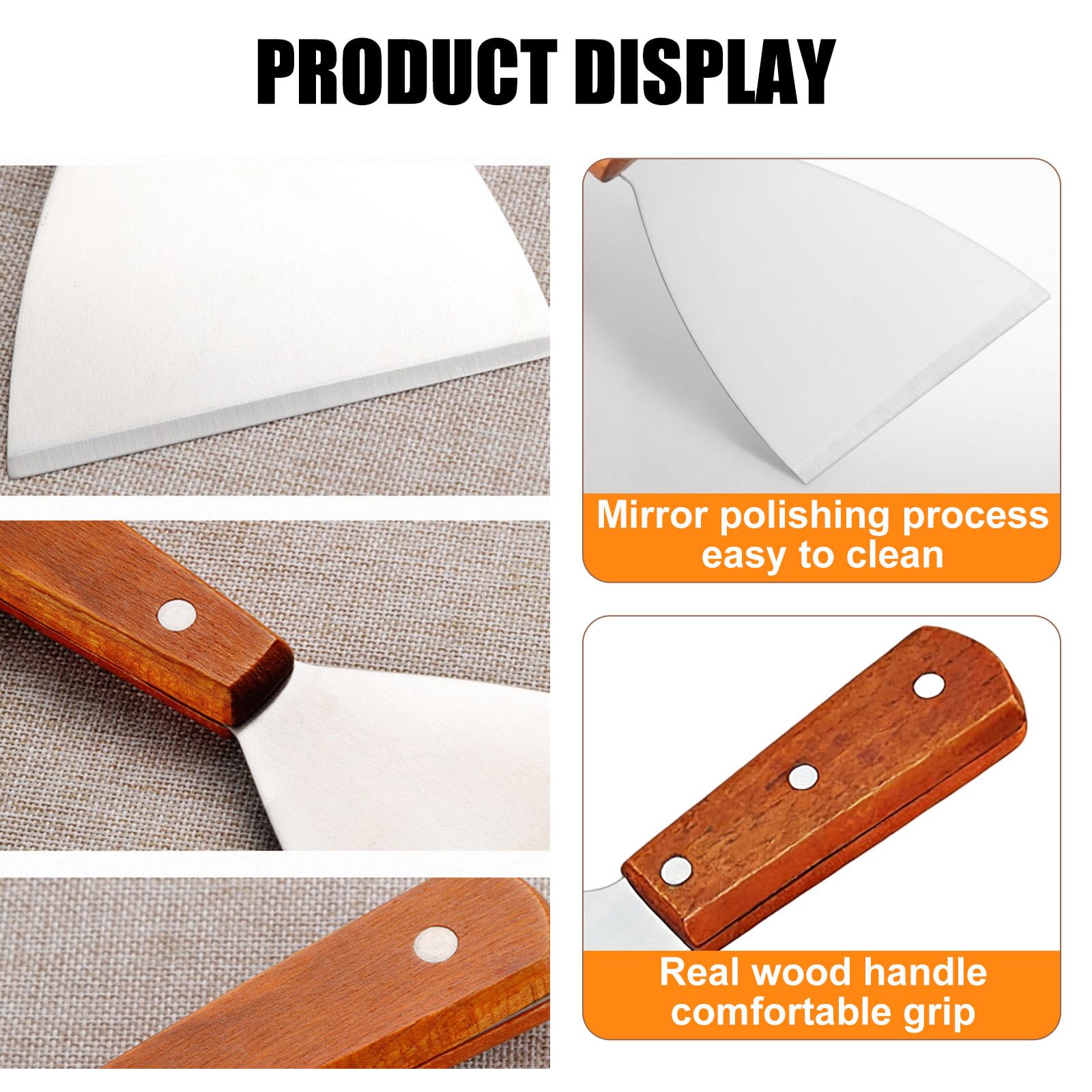 Griddle Scraper, Stainless Steel Burger Flipper, Non Stick Pizza Spatula, Heat Resistant BBQ Scraper Wooden Handle Grill Scraper for Food Service Cooking Cleaning, for Home Kitchen — view 3