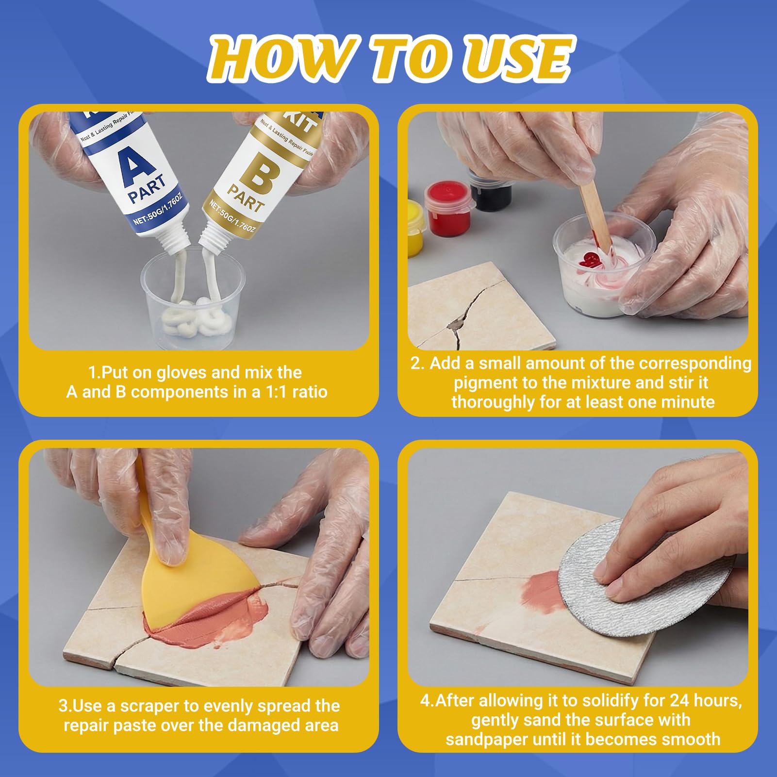 Kit di riparazione piastrelle, kit di riparazione smalto, kitdi riparazione vasche da bagno bianco, kit diriparazione lavandini con 4 colori base, per piatti doccia, graffi, crepe, fori