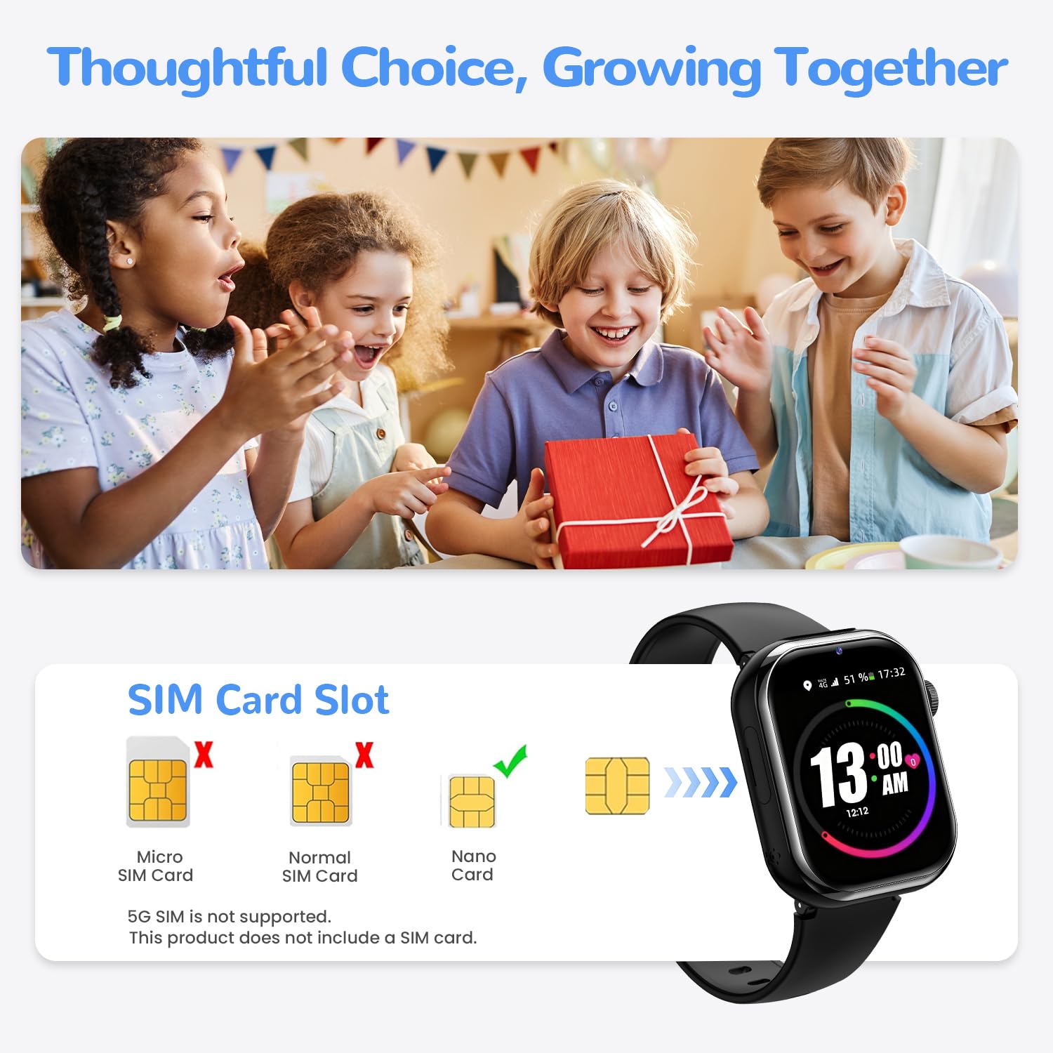 4G Montre Connectée Enfant, Montre Telephone Enfant avec GPS, Appel Vidéo, Chat Vocal, Double Caméra, SOS, Mode École, Podomètre, Réveil, Appareil Photo, IP68, Smartwatch pour Garçons Filles, Noir