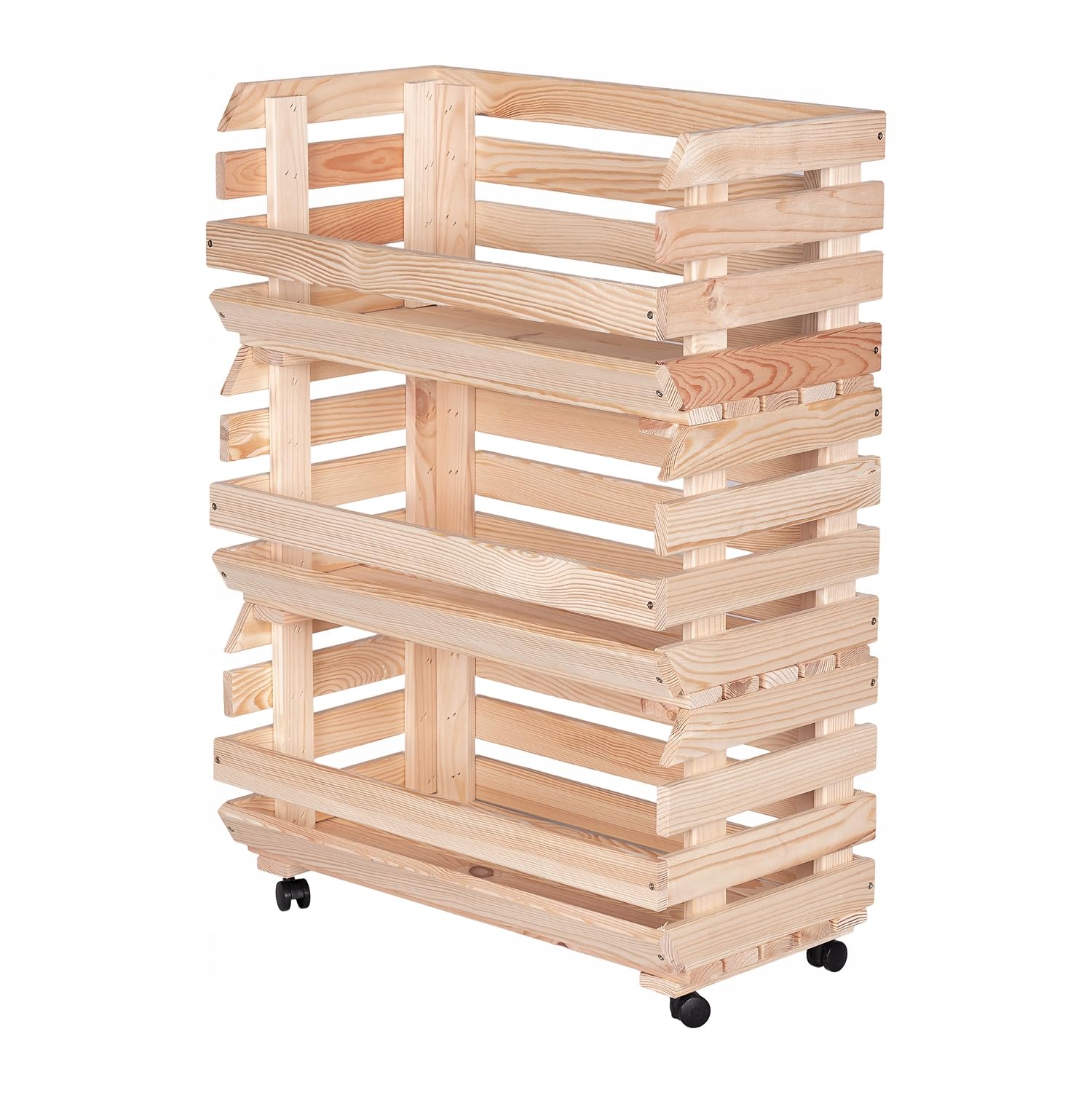 Obstkiste Holz auf Rollen 57 x 79 x 30 cm Kartoffel Obst Gemüse Aufbewahrung Regal mit Körben Stapelkisten Holzkiste Groß Aufbewahren Gemüsekiste 3 Etagen Farbe: Naturholz