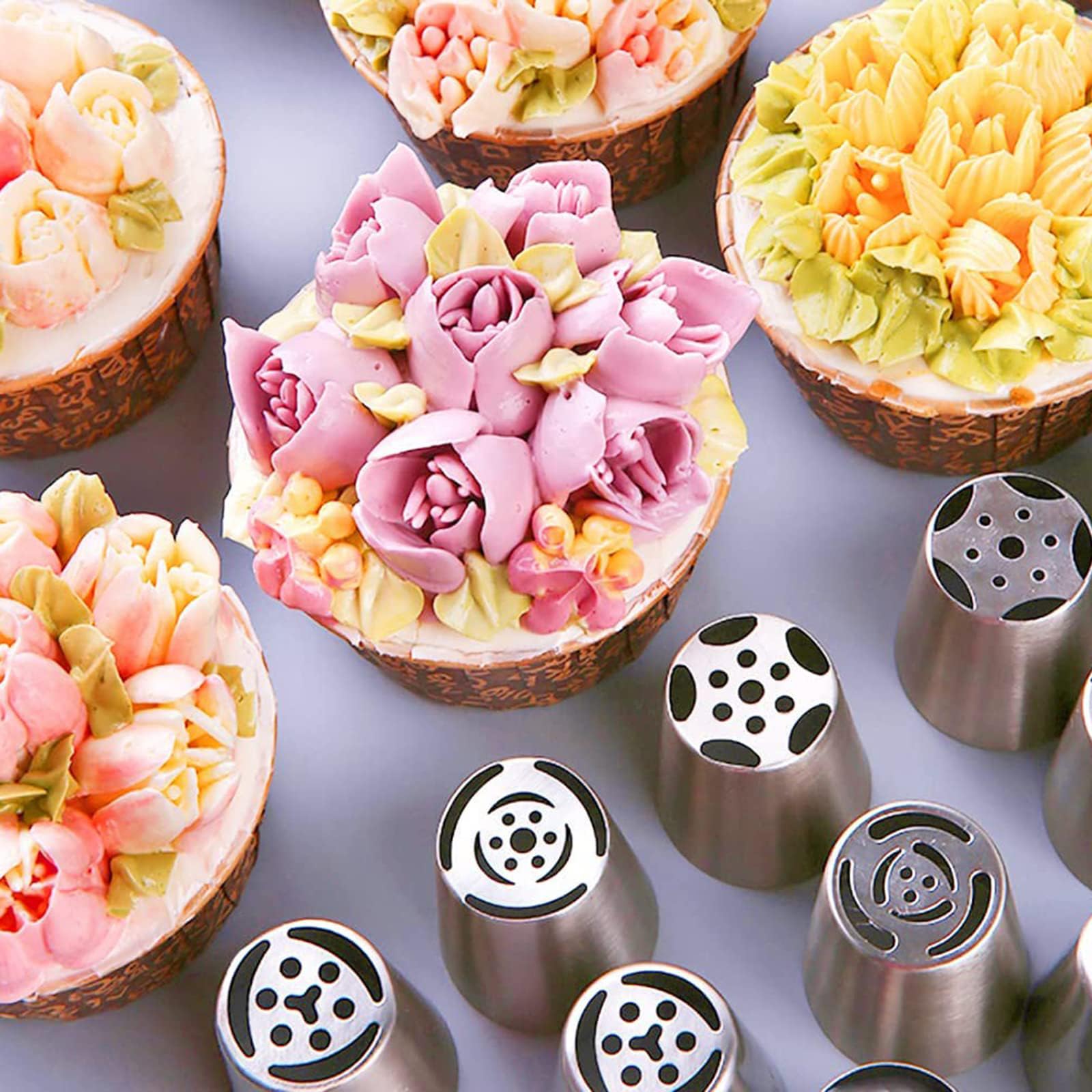27pcs Decorazione Torte Russi Set, Punte Sac a Poche, Beccucci per Tubi Flessibili, include 12 Punte per Glassa a Fiore 2 Punte a Foglia 2 Accoppiatori 11 Manicotti per Pasticceria (27PCS Beccucci)