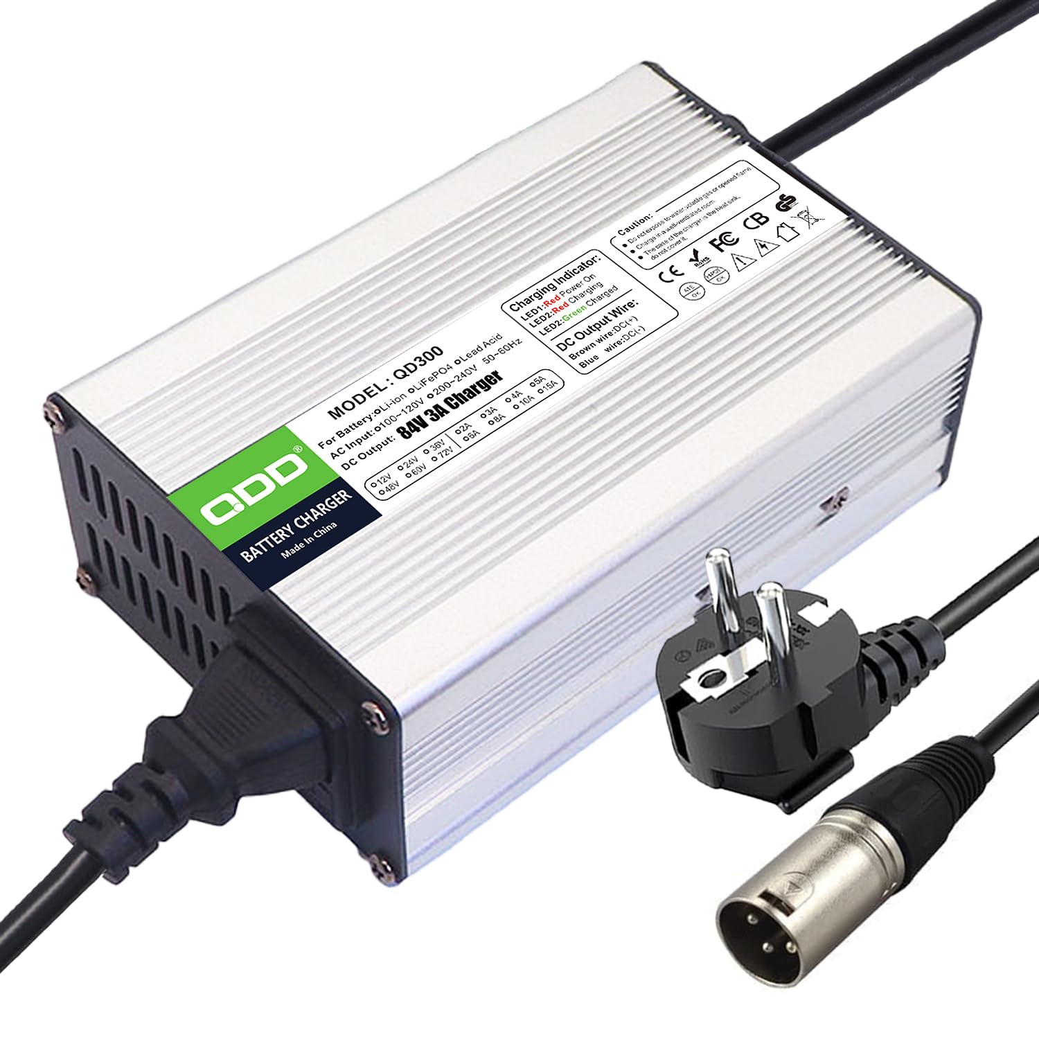 QDD 84V 3A Chargeur, 72V Li-ion Batterie Intelligent Chargeur pour 20S 72V Li-ion Batterie avec Ventilateur Boîtier en Aluminium Argenté (Prise XLR 3 Broches)