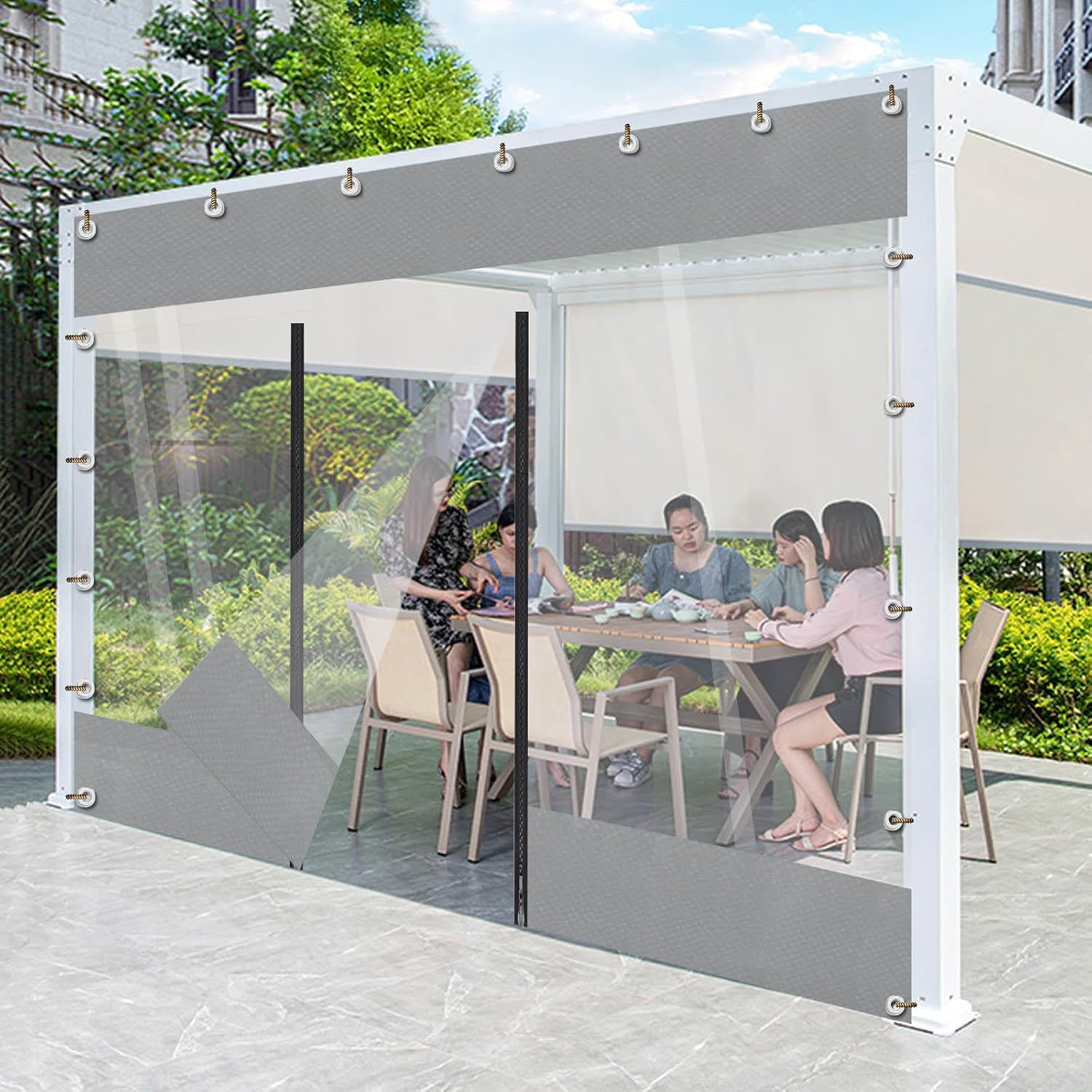 PVC Waterproof Clear Curtains - with Grommets and Zips, Outdoor Vinyl Curtains, 0.3mm Grey Transparent Waterproof Side Panels Cover, All Weather Balcony Curtains,LxW-1.4x3m/4.6x9.8ft