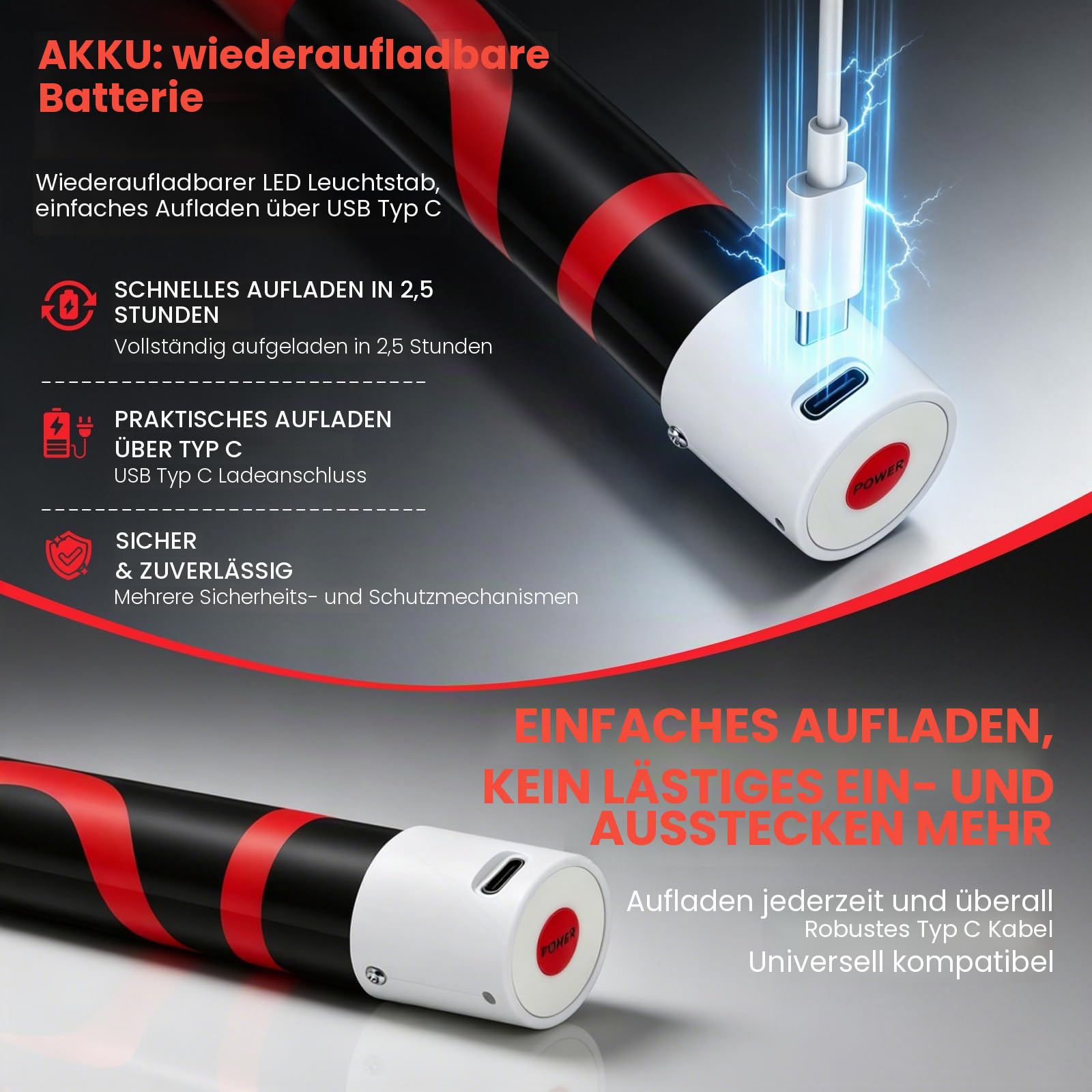 Biegsame LED Arbeitsleuchte Magnetische Taschenlampe,76cm Flexibler Stab mit 360° Knickbar, Werkstatt, Camping& Notlicht–USB-C Schnellladung Akku LED Lampe,2 Stück + Handschuhe