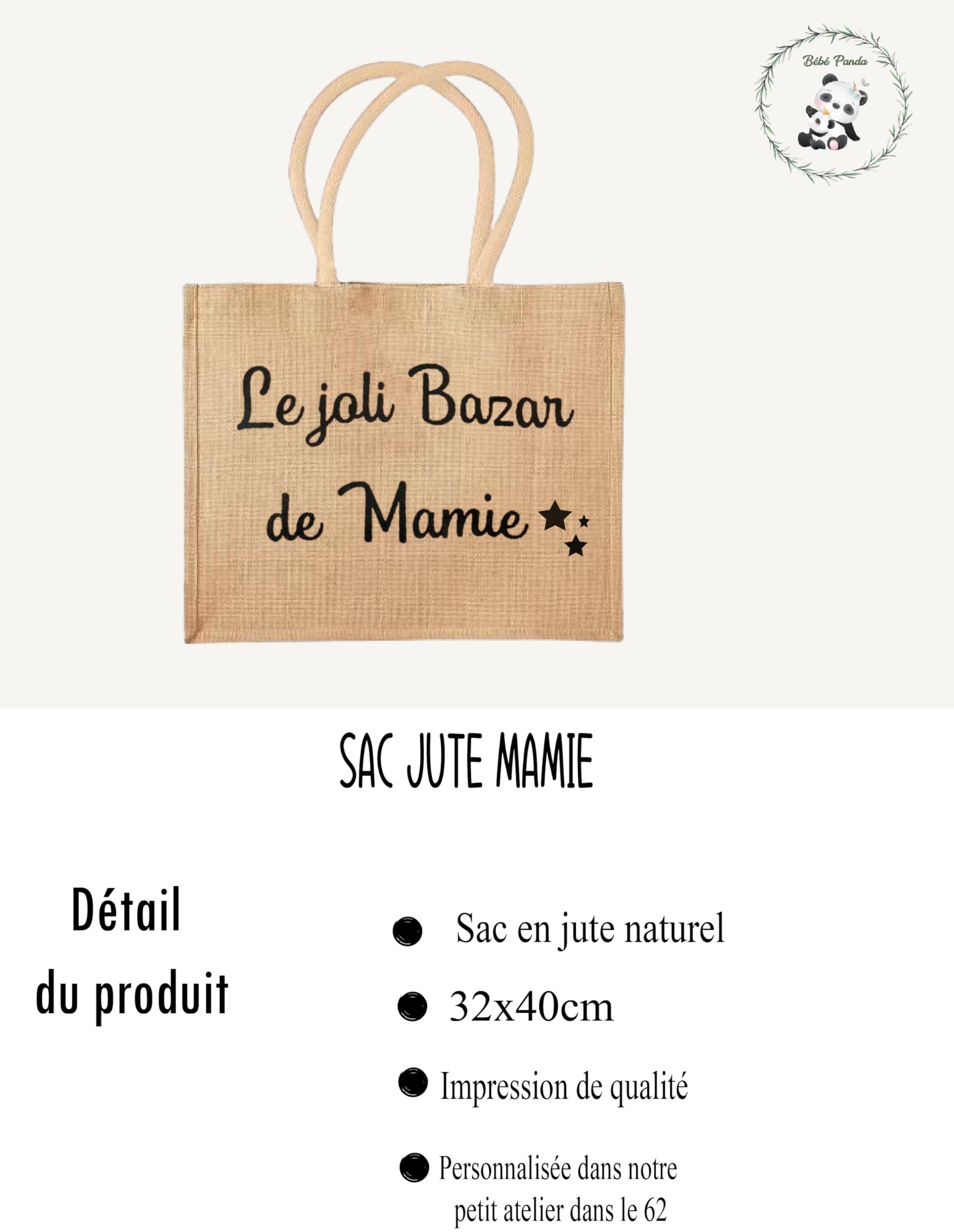 Cadeau Mamie - Sac en Jute "Le Joli Bazar de Mamie" 30x42 cm | Sac Écologique et Pratique pour Mamie | Idée Cadeau Originale pour Noël, Anniversaire ou Fête des Grands-Mères