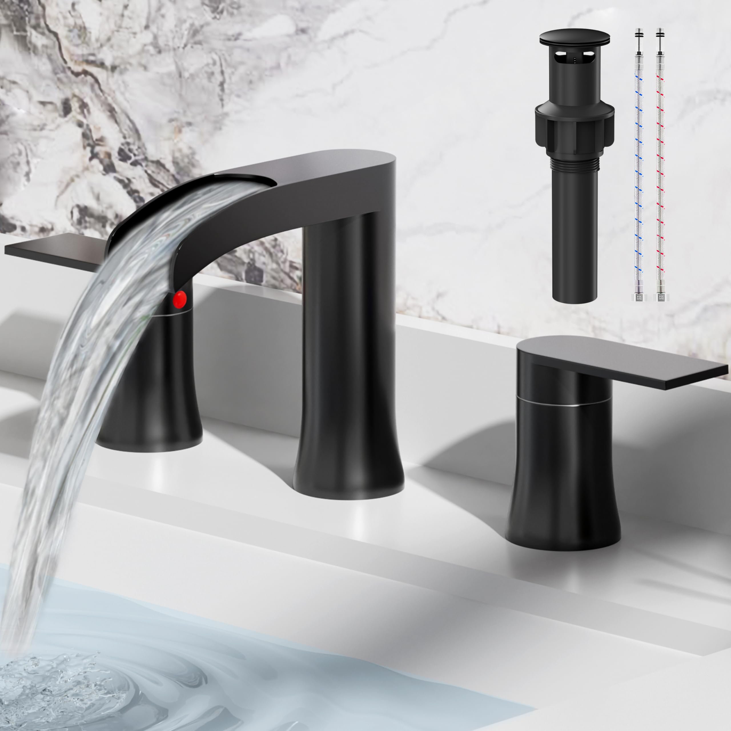 SSREEZNX Waterfall Bathroom Faucets 3 Hole Faucet for Bathroom Sink Modern Brass Matte Black Bathroom Sink Faucet 8
