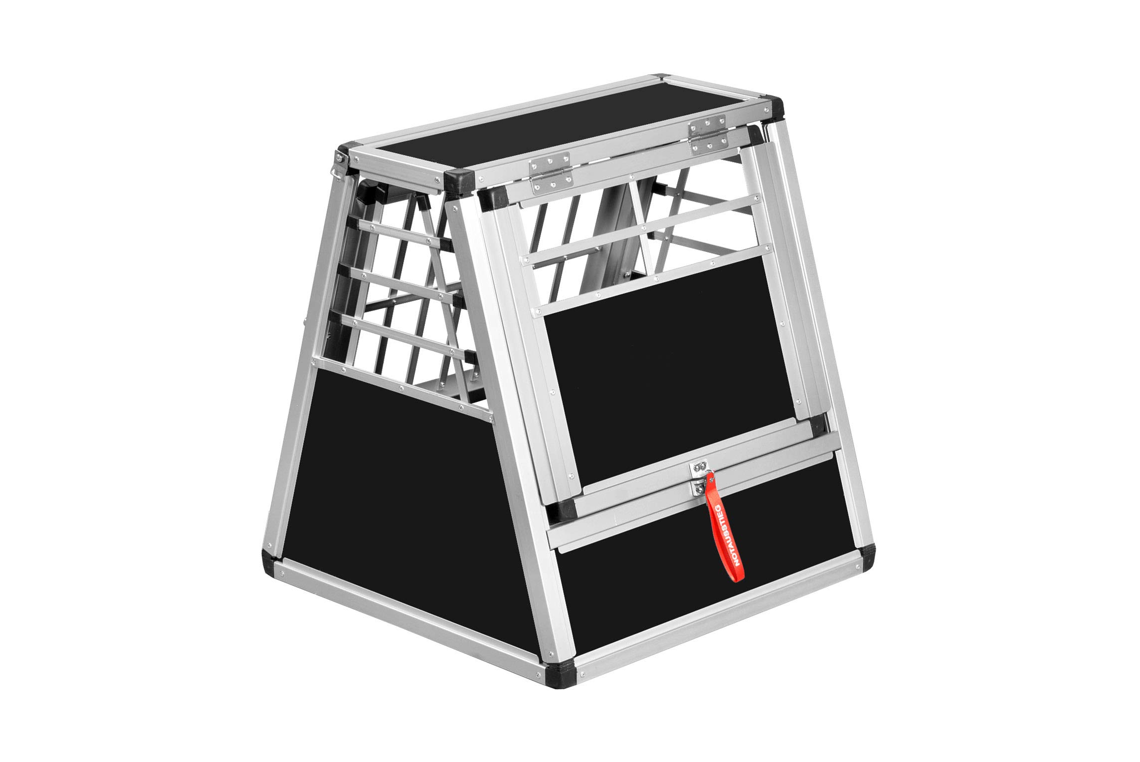 ALPUNA Transportbox N67 – Aluminium Hundebox 58×60×63 cm – Auto Hundebox mit Notausstieg, sicherer Hundetransport im Kofferraum mit Stoßstangenschutz