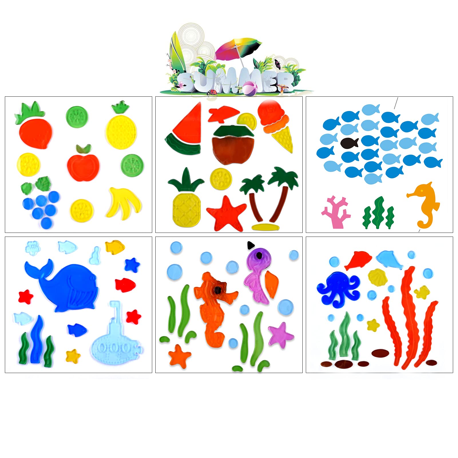 Summer Decor Gel Window Clings for Glass Windows, Anti-Collision Window Jelly Stickers for Kids, Window Decor Summer Decorations Window Decals for Home Holiday Party - Easy to Paste - 6 Sheets