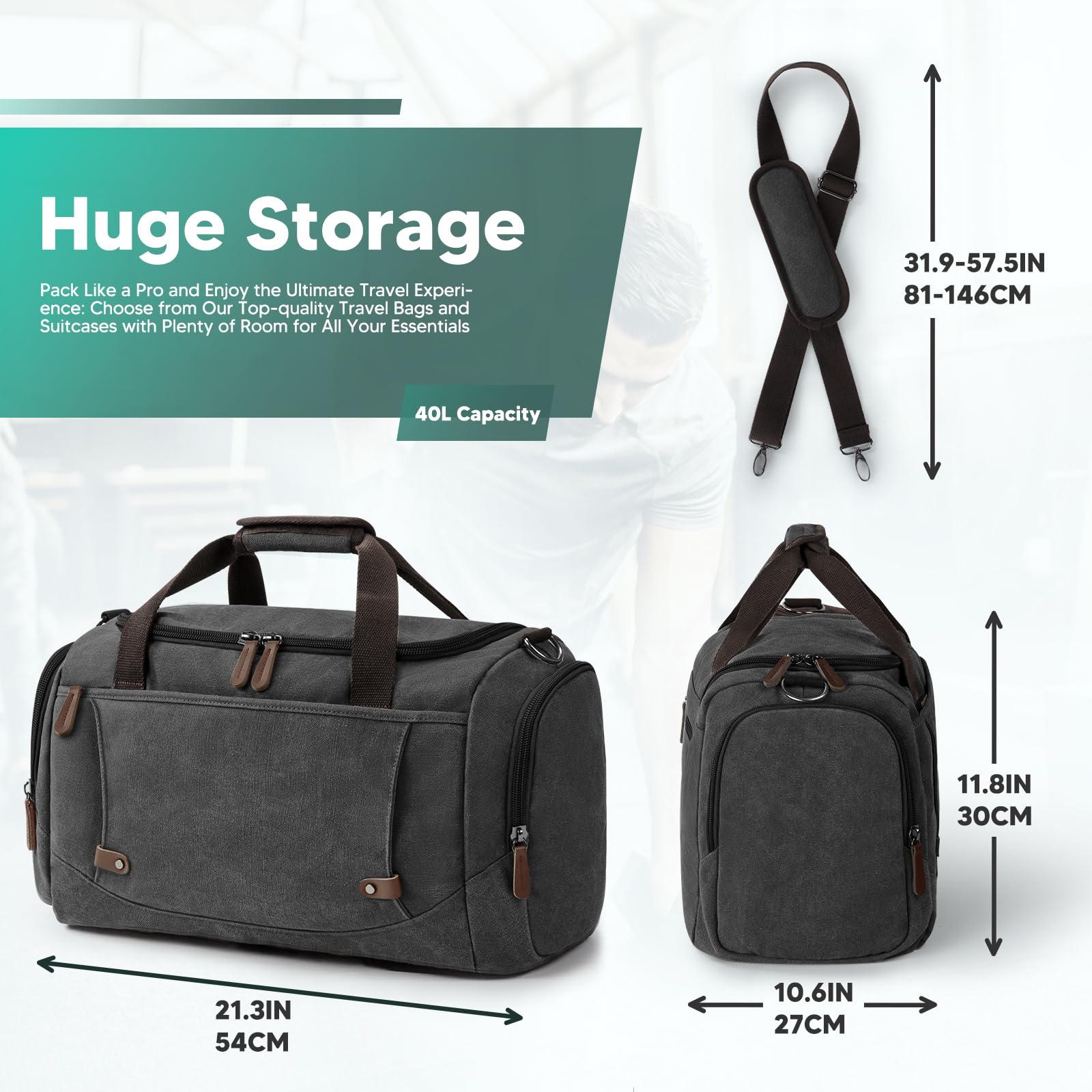 Sac de Voyage Vintage Sac de Voyage en Cuir et Toile Sac Weekend Homme,Grande capacité 40l,Convient pour Voyage, Camping, Week - End Voyage,Toile Vintage (Noir)