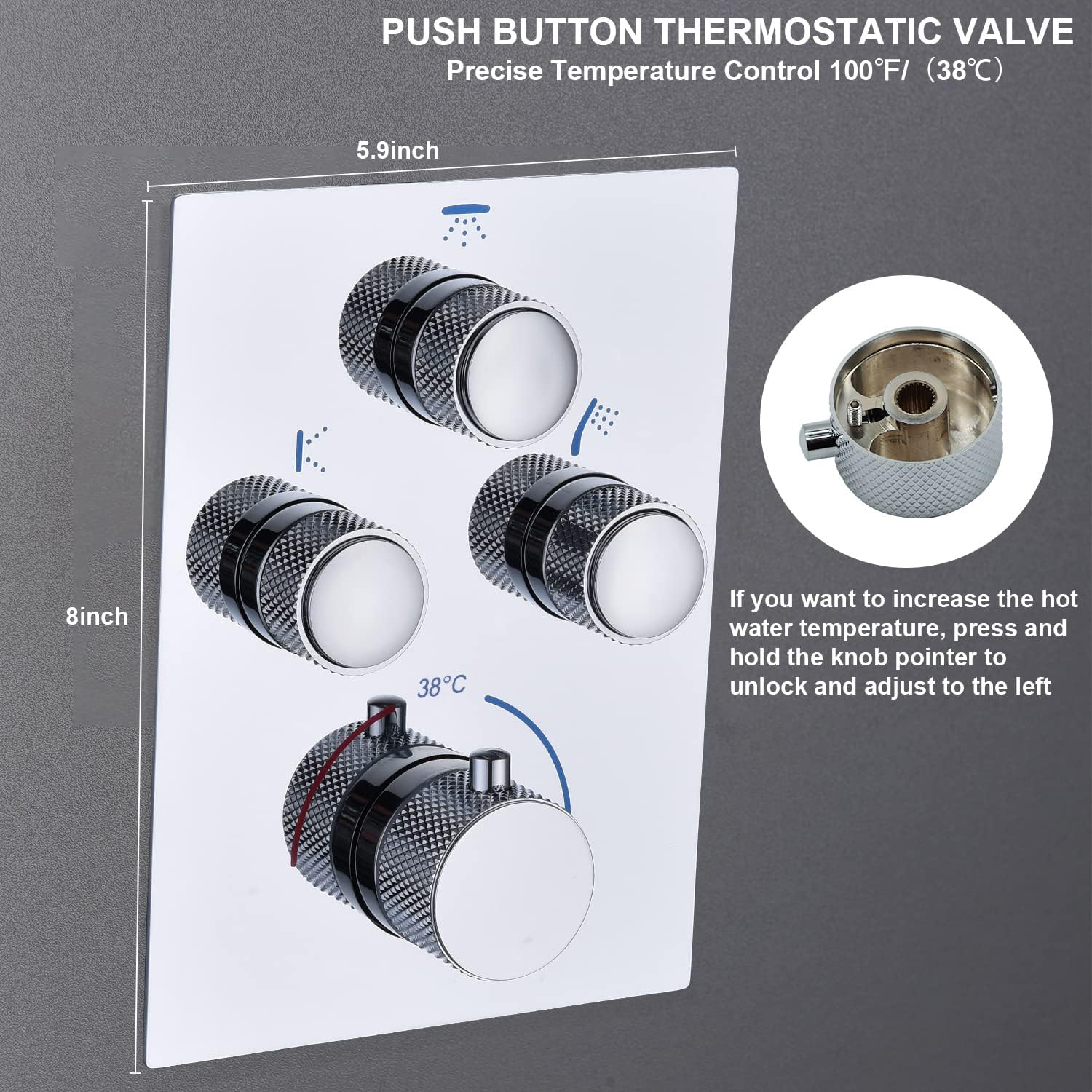 Mitigeur de douche thermostatique 3 voies dissimulé – Vanne inverseur chromée à 3 sorties avec bouton poussoir, débit et température réglables, fonctionnement simultané