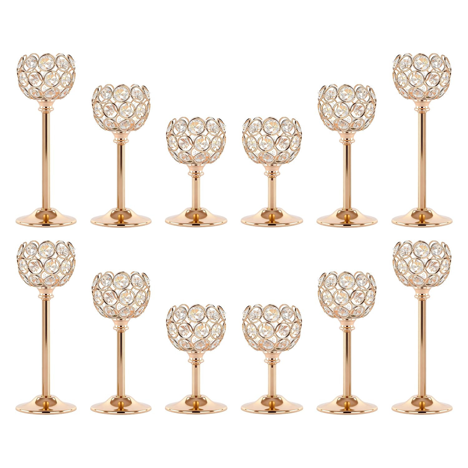Photo 1 of Crystal Candle Holders 4 Set of 12 - Gold Vintage Hollow Ball Candle Stand for Table Centerpiece, Crystal Metal Tealight Candlestick for Wedding, Dining Room Decor