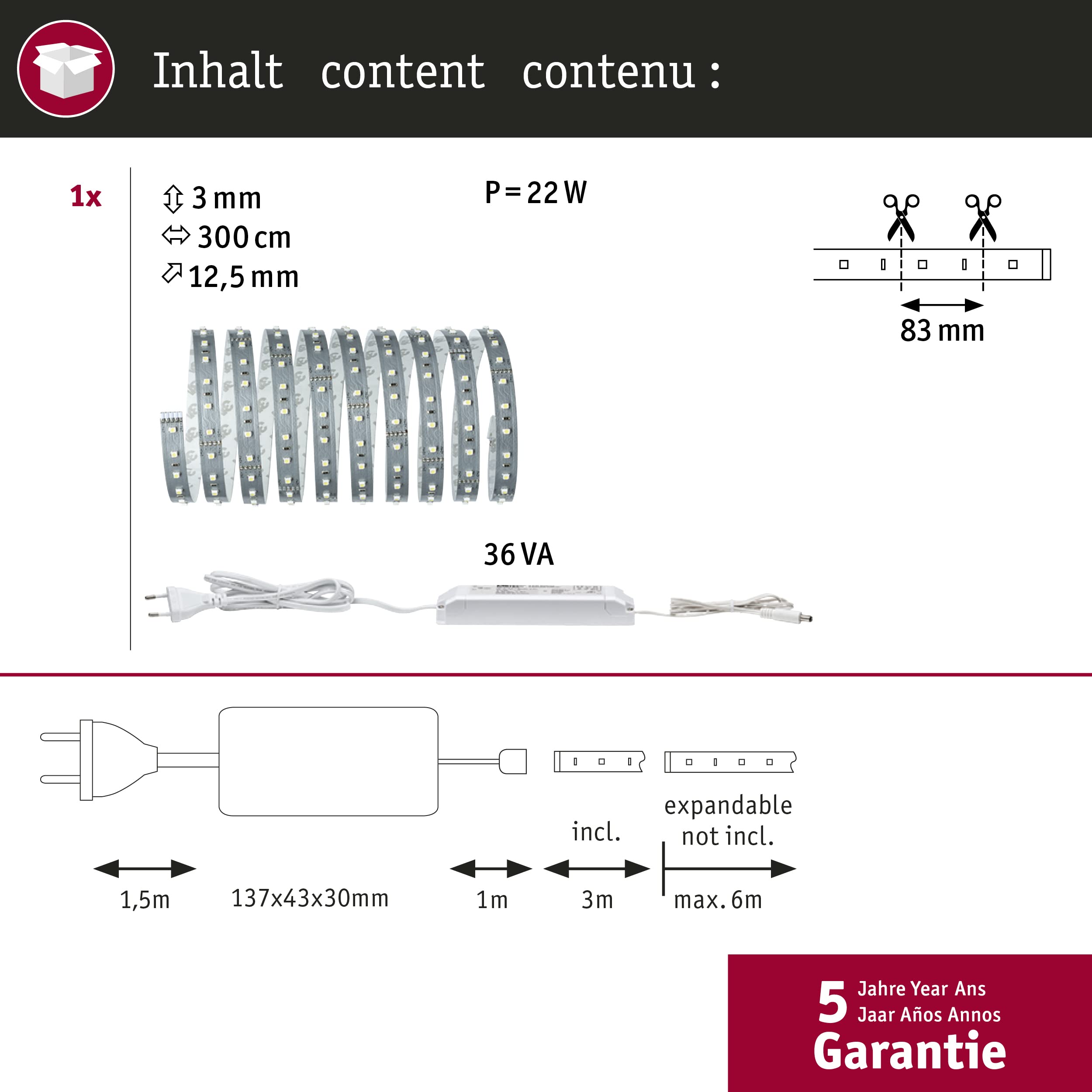 Paulmann 70580 LED Strips MaxLED 500 kit de base incl. 1x17 watts gradable bande lumineuse Argent barre lumineuse Métal bande LED 6500 K