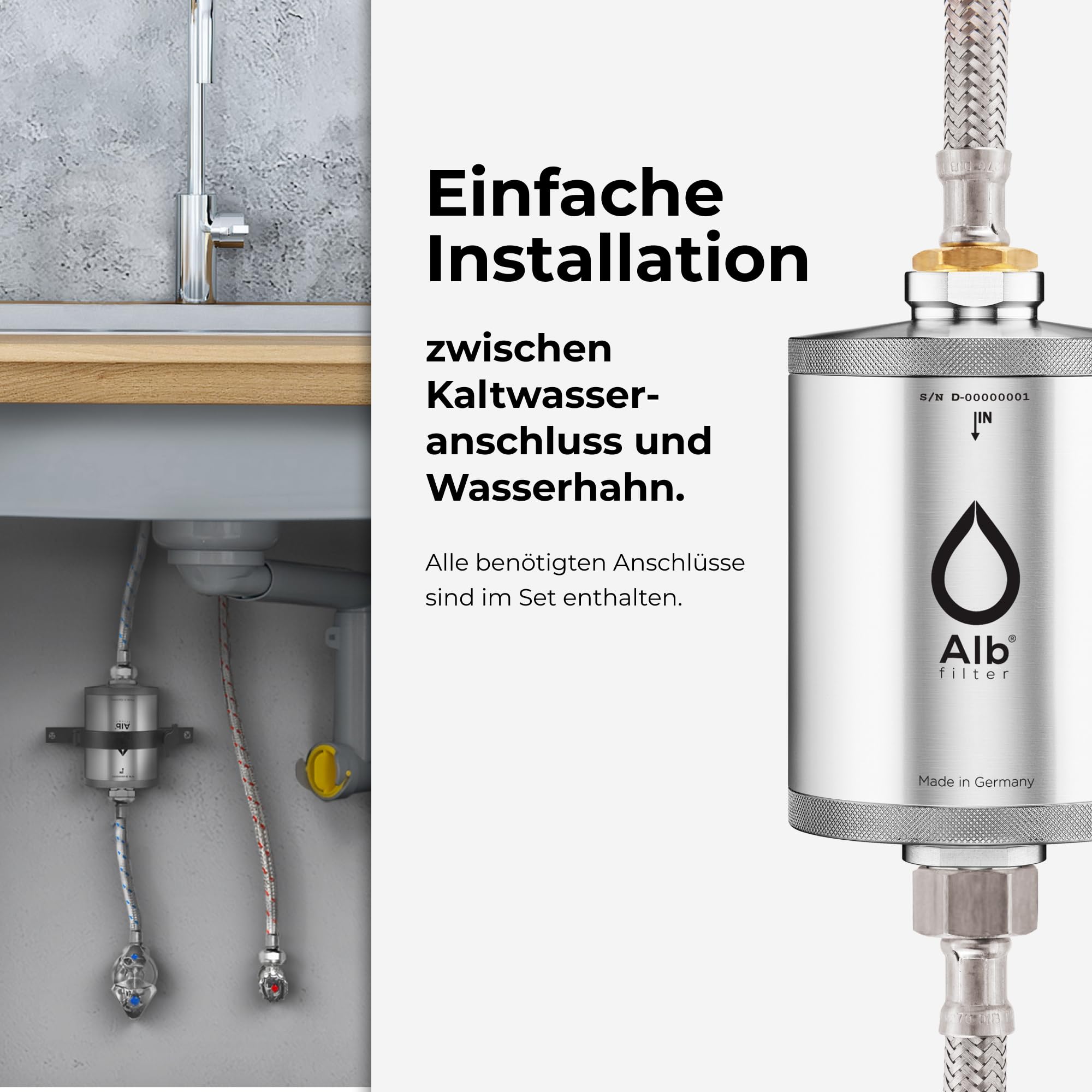 Alb Filter UNTERTISCH ACTIVE Wasserfilter Küche Edelstahl Natur | Reduziert Schadstoffe, Chlor & Geschmack, Untertischfilter Küche, Anschluss-Set Standard, Made in Germany