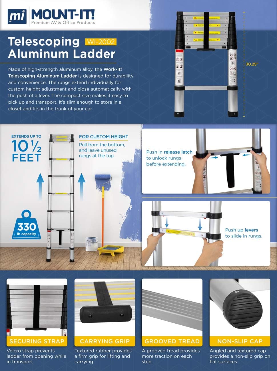 Uр Tо 40% оƒƒ Work-It! Extension Ladder 10.5 Ft - Aluminum Collapsible Telescoping Ladder with Soft Close Spring Function, EN131 Certified 330 Lbs Capacity
