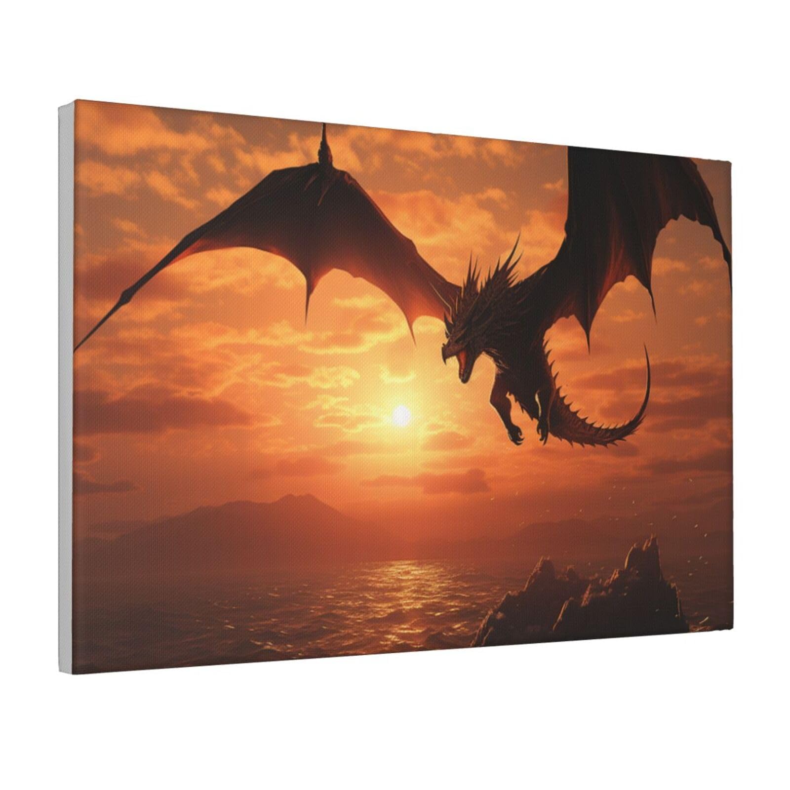 Framed Wall Art for Living Room Art Work, Sea Sunset Flying Dragon Picture Prints Modern Office Wall Paintings Poster Aesthetic Wall Decorations for Home Decor Ready To Hang 8"x12"