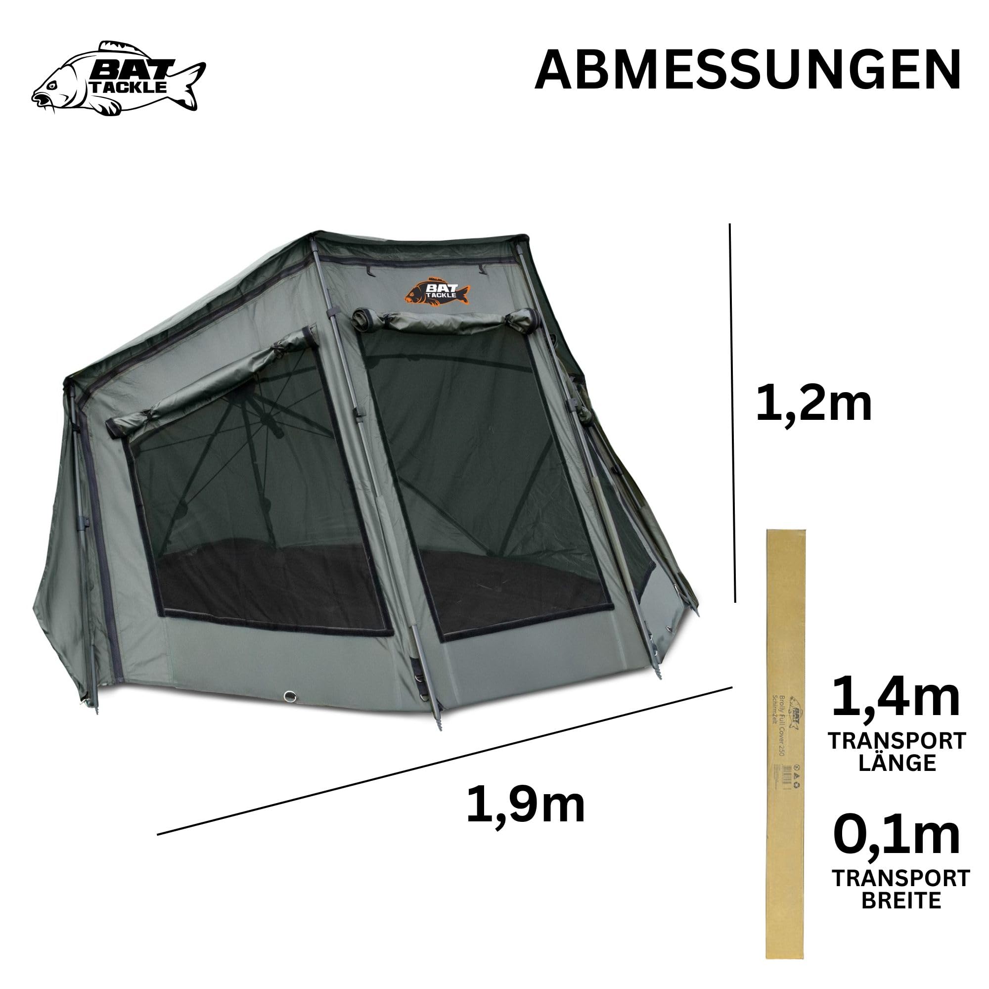 Brolly Full Cover 190 Angel-Brolly, 190 × 120 cm | Abnehmbare Front, 210D Oxford PU Material, ca. 4,9 kg, mit Fenstern & Tür, wetterfest