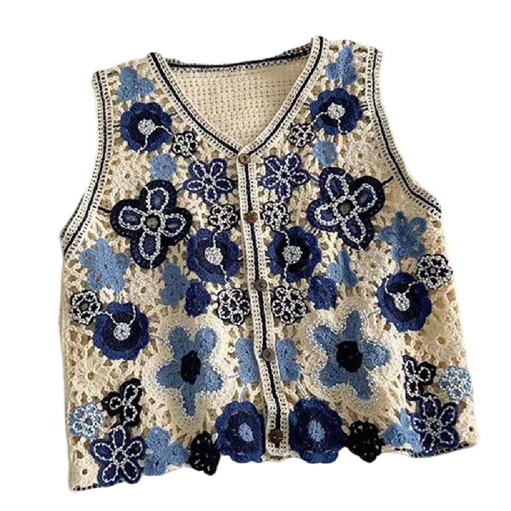 UNFAIRZQ Women Hollow Crochet Knit Vest Waistcoat Beaded Embroidery Colorful Floral Sleeveless Cardigan for Jacket Button Crop To sleeveless cardigan vest