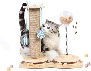 Marchul 4 in 1 Interactive Cat Toy, Natural Sisal Cat Scratching Post with Hanging Balls, Cat Toy with Wooden Roller Track Ball, Cat Food Feeder Toy with Treat Ball for product image