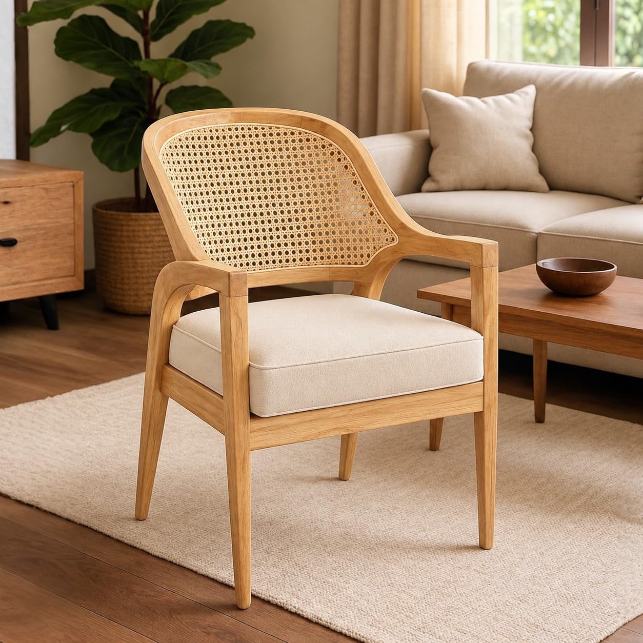 solid sheesham wooden cane accent chair for living room | handcrafted wooden armchair with rattan cane back & cushioned seat | stylish lounge chair for home, bedroom & office