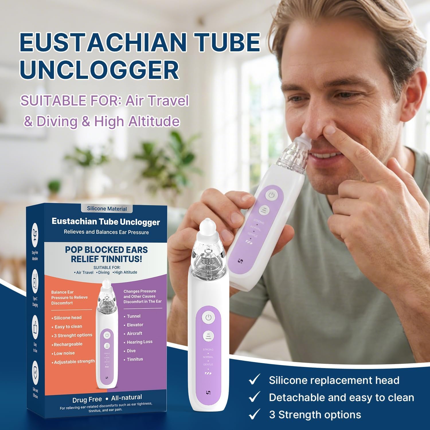 Eustachian Tube - Dispositivo portatile per alleviare la pressione dell'orecchio, per viaggi in aereo, cambiamenti di altitudine per immersioni, non invasivo, con 3 impostazioni regolabili, per