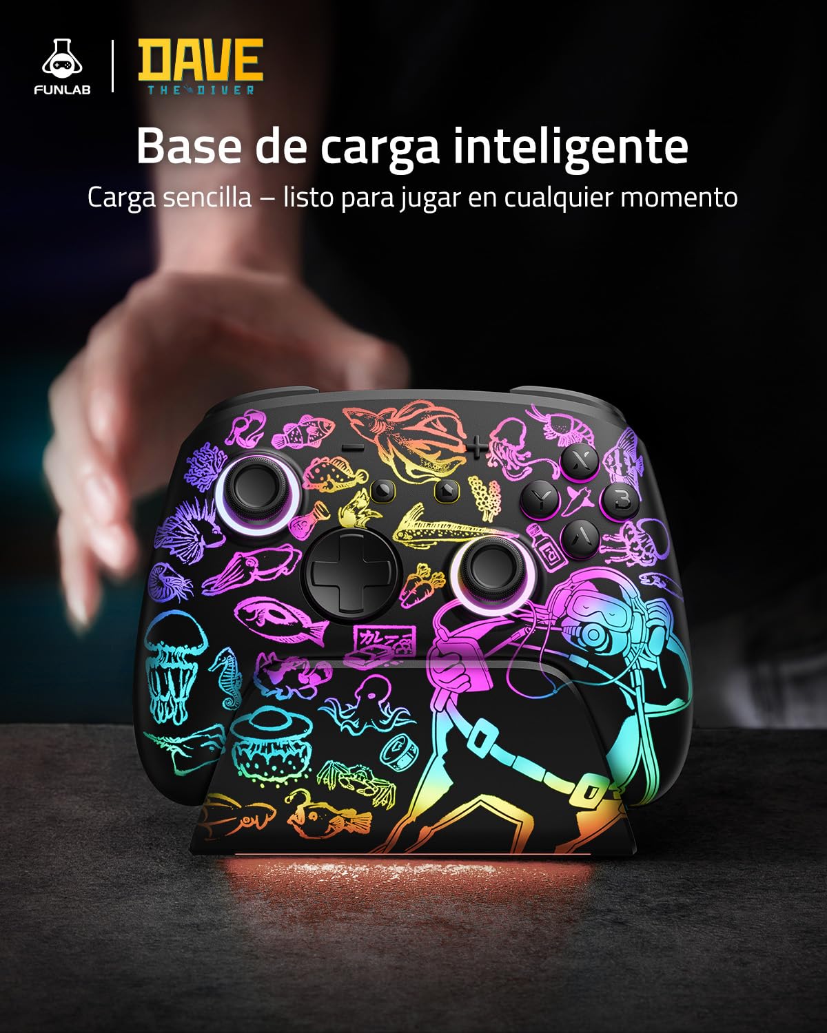 FUNLAB Mando Switch 2 Pro con Base de Carga para Switch /1/OLED/LITE, Licencia Oficial Dave the Diver FF05A-04, Efecto Hall, RGB Reactivo