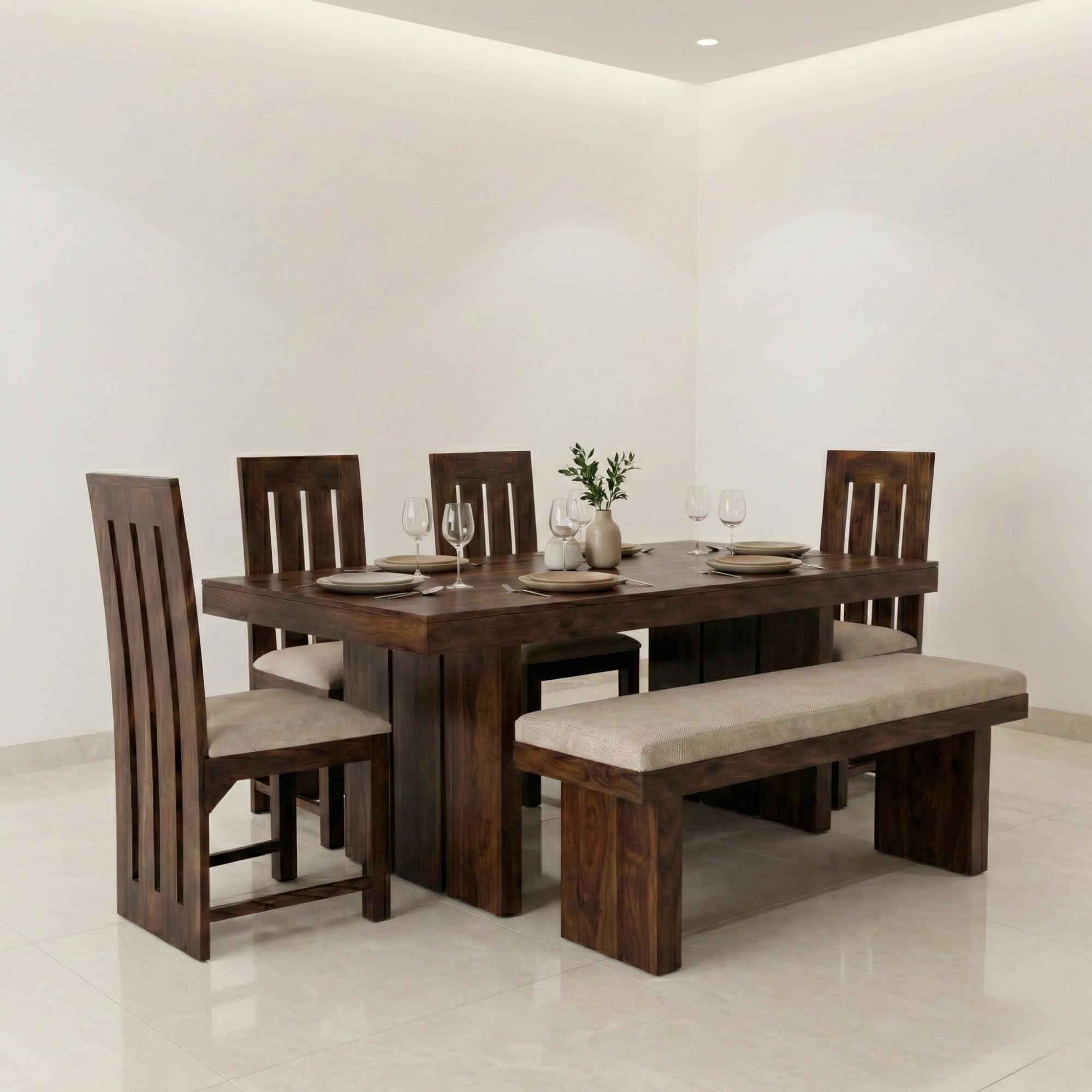 SONA ART & CRAFTS Poster Solid Sheesham Wood Dining Table Set 6 Seater Dinner Dinning Table 4 Chair with 1 Bench for Dining Furniture for Living Room Home Hotel Office Self Assembly (Natural Finish)