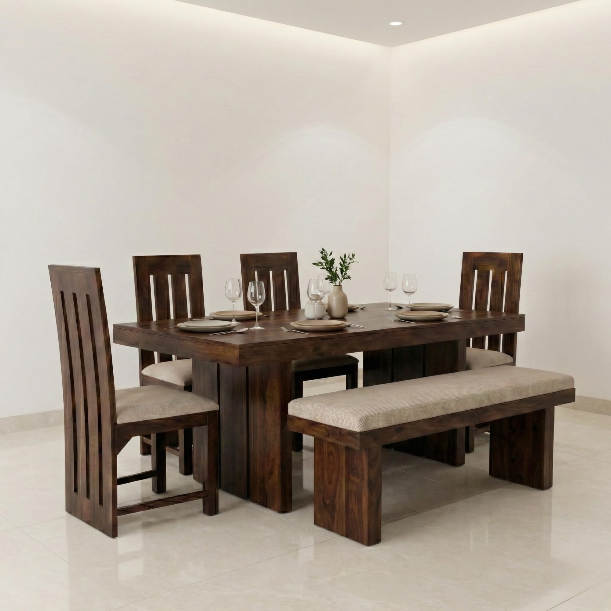 SONA ART & CRAFTS Poster Solid Sheesham Wood Dining Table Set 6 Seater Dinner Dinning Table 4 Chair with 1 Bench for Dining Furniture for Living Room Home Hotel Office Self Assembly (Natural Finish)