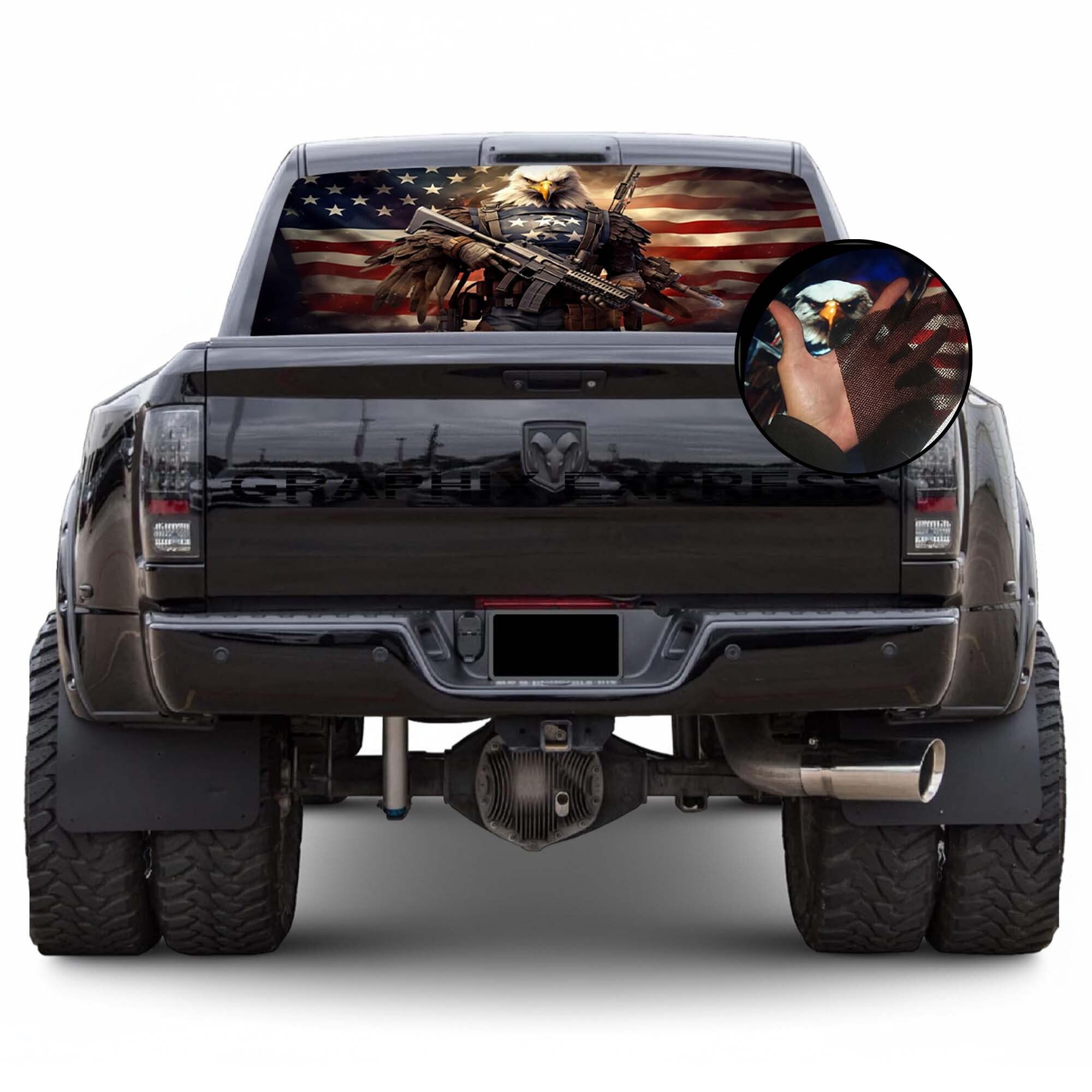 GRAPHIX EXPRESS Truck Back Window Graphics - Bald Eagle American Flag Decal (P546) - USA Flag with Eagle - Universal See Through Rear Window Vinyl Wrap - Full Window Decals for Trucks