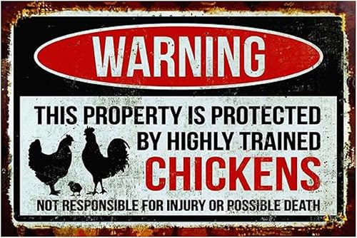 Letrero divertido de pollo, letrero de metal para gallinero, letrero de hojalata con texto en inglés «This property is protected by chicken»,