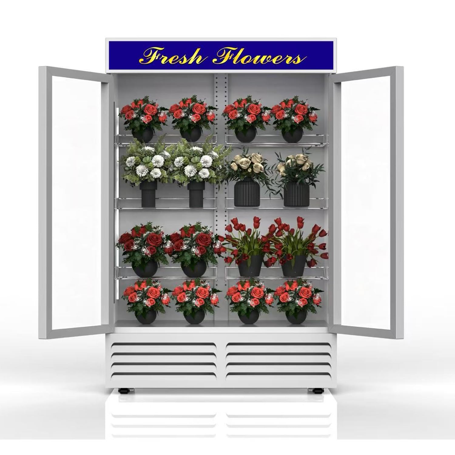 Commercial Flower Refrigerator Floral Display Cooler,White 2 Glass Doors Fridge With LED Light Adjustable Shelves,ETLSanitation Approval,42.5Cu Ft,47.2" Wide, Wheels Included