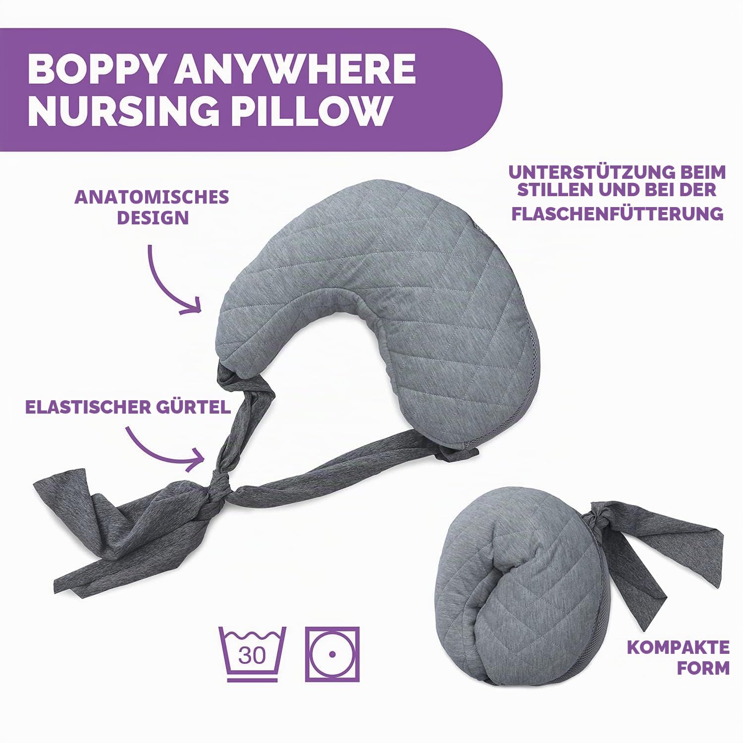 Chicco Boppy Anywhere Stillkissen für Babys, 0 Monate, Vorwärts, anatomische Form, Kissen und Baby-Nest für Mutter- oder Flaschenstille, Grau