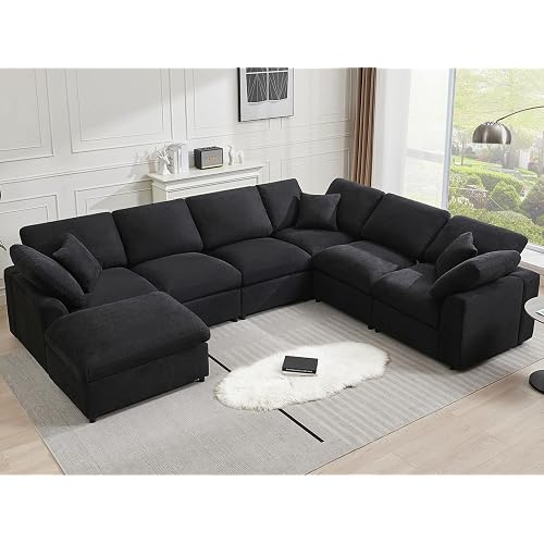 Siiejia Modular 7 Seater Sectional Sofa, Oversized Cloud Couches, Black | Modern L-Shaped Cloud Sofa with Movable Ottoman, Large Comfy Couches for Living Room, Spacious Space, Office Lounge