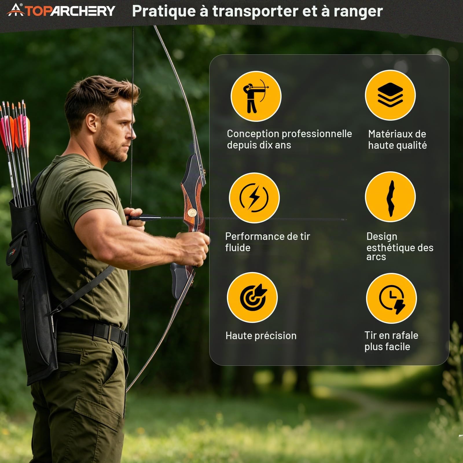 Toparchery Tir à l'arc 60" Takedown Chasse Arc Classique pour Adultes Pratique Compétition Arc avec Stringer Tool Main Droite Noir 30-45lbs (45 lbs)
