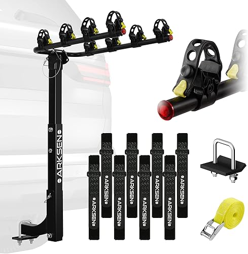 ARKSEN Portabicicletas para 4 bicicletas, soporte de enganche trasero con receptor de 2 pulgadas, correa de amarre, tensor de enganche antitraqueteo