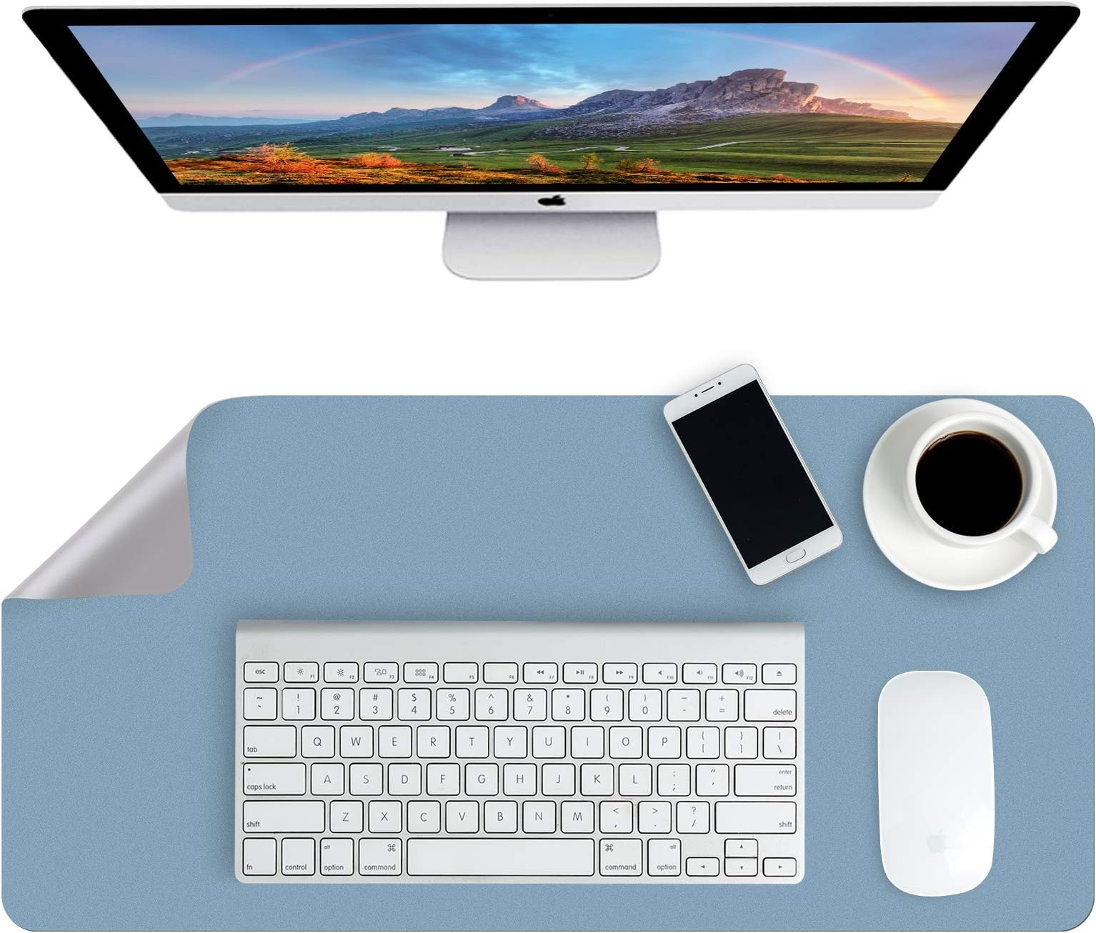 Tocawe Desk Pad, 40 x 80cm Office Desk Mat, Waterproof PU Leather Desk Table Protector, Easy Clean Laptop Desk Writing Mat for Office Work/Home/Decor (Blue&Silver)