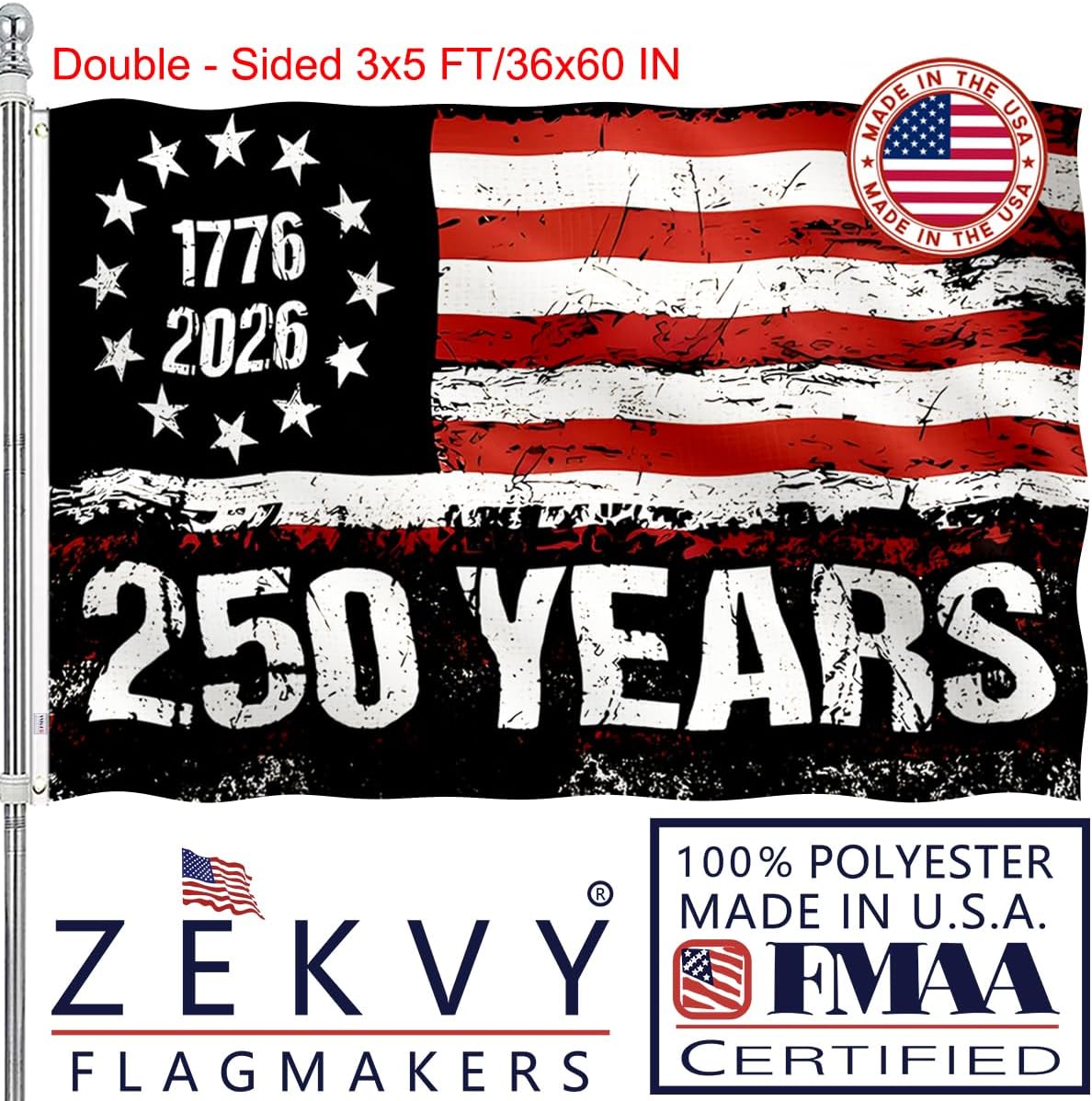 250 Anniversary USA Flag 3x5 Made in USA- Double Sided 3-Ply 250 year american anniversary flag Heavy Duty - UV Protection & Fade Resistant & 2 Brass Grommets - usa 250th anniversary merchandise