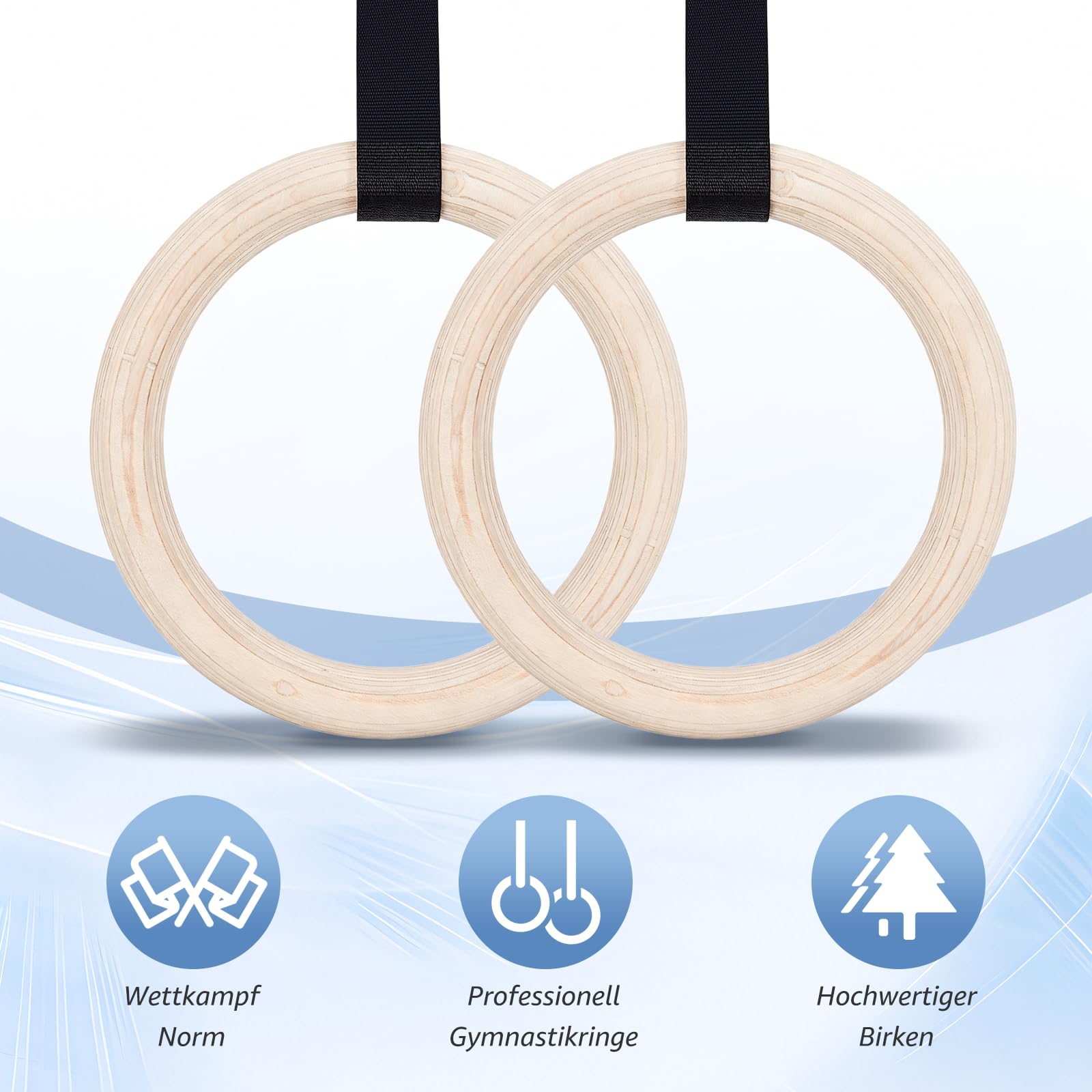 Anneaux de Sport et de Gymnastique pour entraînement, Anneaux de Gymnastique en Bois, Diamètre 28 mm, avec 2 Bandes en Nylon 5.1m Réglable Suspension Training Exercice Fitness pour Pull Up