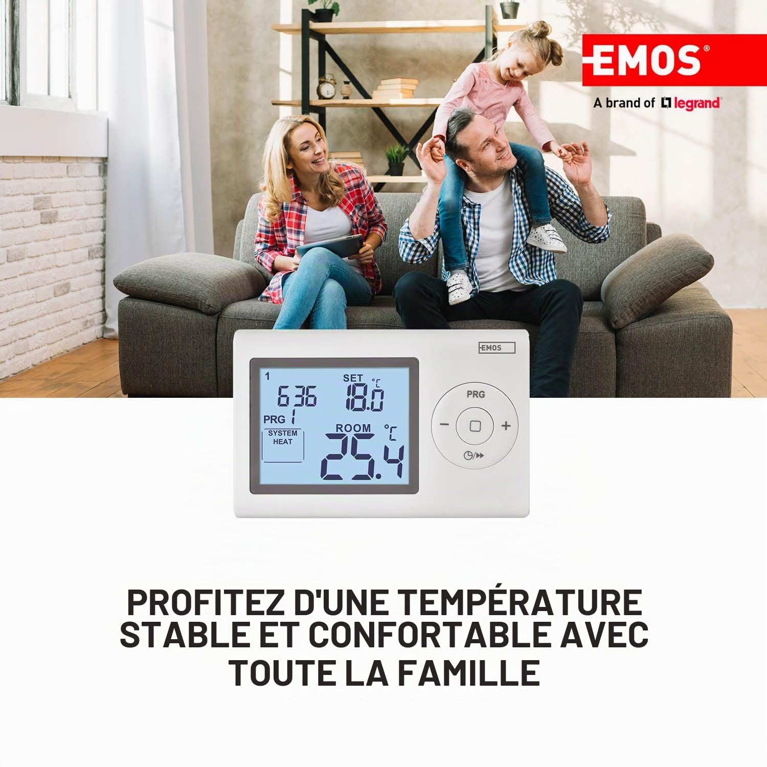 EMOS - Thermostat numérique avec écran LCD - Filaire programmable - Chauffage/climatisation - Plage température 5-35 °C - Montage en Surface - Protection Protection antigel - Pile Incluse - Blanc