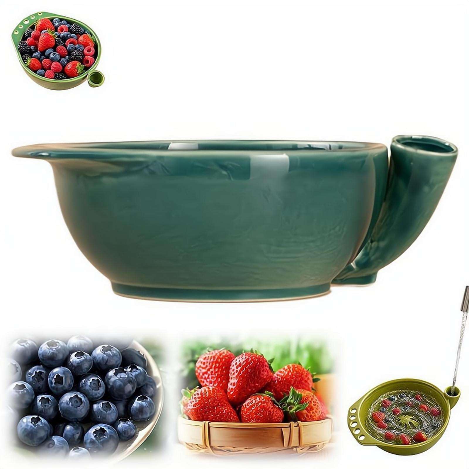 Self-Spinning Berry Washing Bowl, Ceramic 360° Swirl Colander Bowl, Quick Water-Powered Rinser for Berries, Vegetables & Serving
