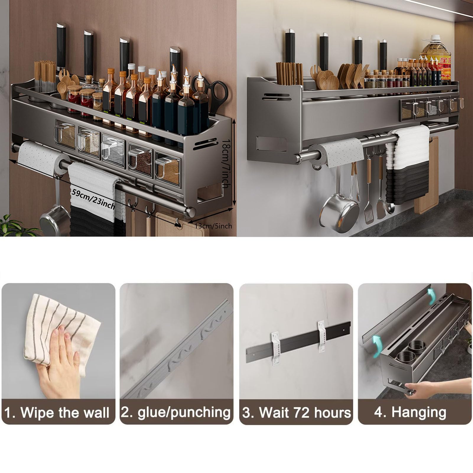 23in,Especieros para Cocina, ​Estantería de Especiero de Pared Sin Taladrar, Organizador Cocina con Caja de Especias y Ganchos, Organizador De Especias Cocina para Especias