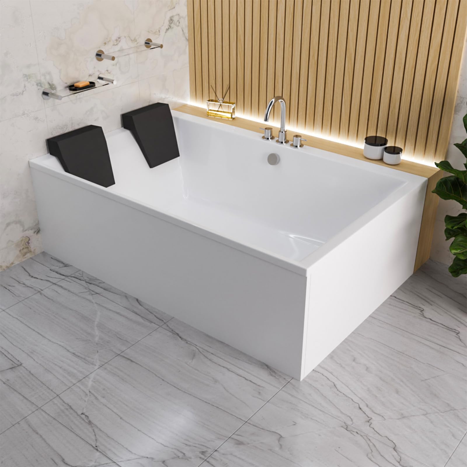 Baignoire ECOLAM Crown LUX 190x120 cm pour deux personnes + tablier et 2 appuis-têtes noirs | baignoire de qualité supérieure | Bonde et pieds + silicone | Ensemble complet