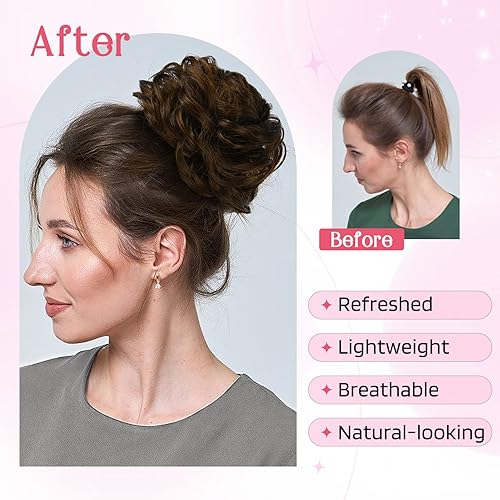Miniatura 2 de HOOJIH 2 extensiones de cabello despeinado, moño rizado, ondulado, cola de caballo con banda de goma elástica para mujeres y niñas, rubio avellana