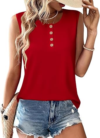 slqdgmryz Henley Tank Top Women Loose Fit Crewneck Workout Summer Tank Tops Dressy Casual Button Long Sleeveless Shirts
