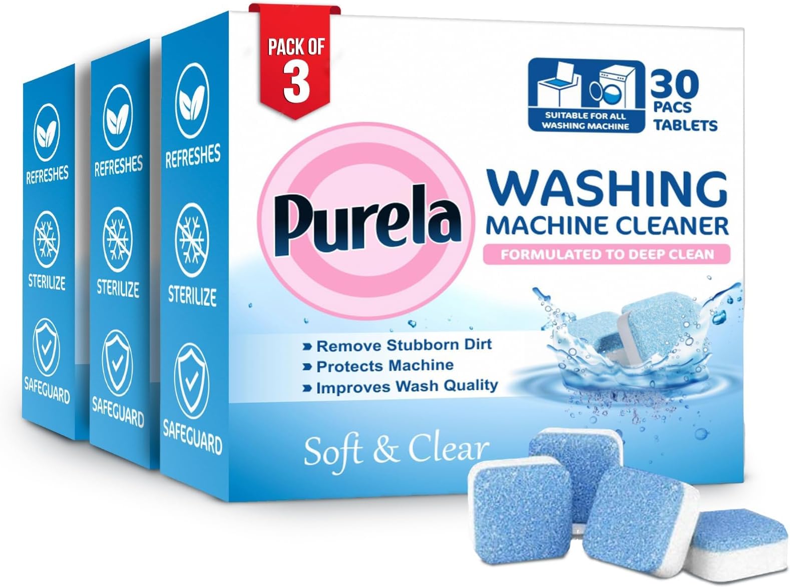 Purela Washing Machine Cleaner Tablets – 90 Effervescent Tablets for Front & Top Load Washing Machines – Helps Reduce Odor, Residue & Scale Buildup(Fresh)