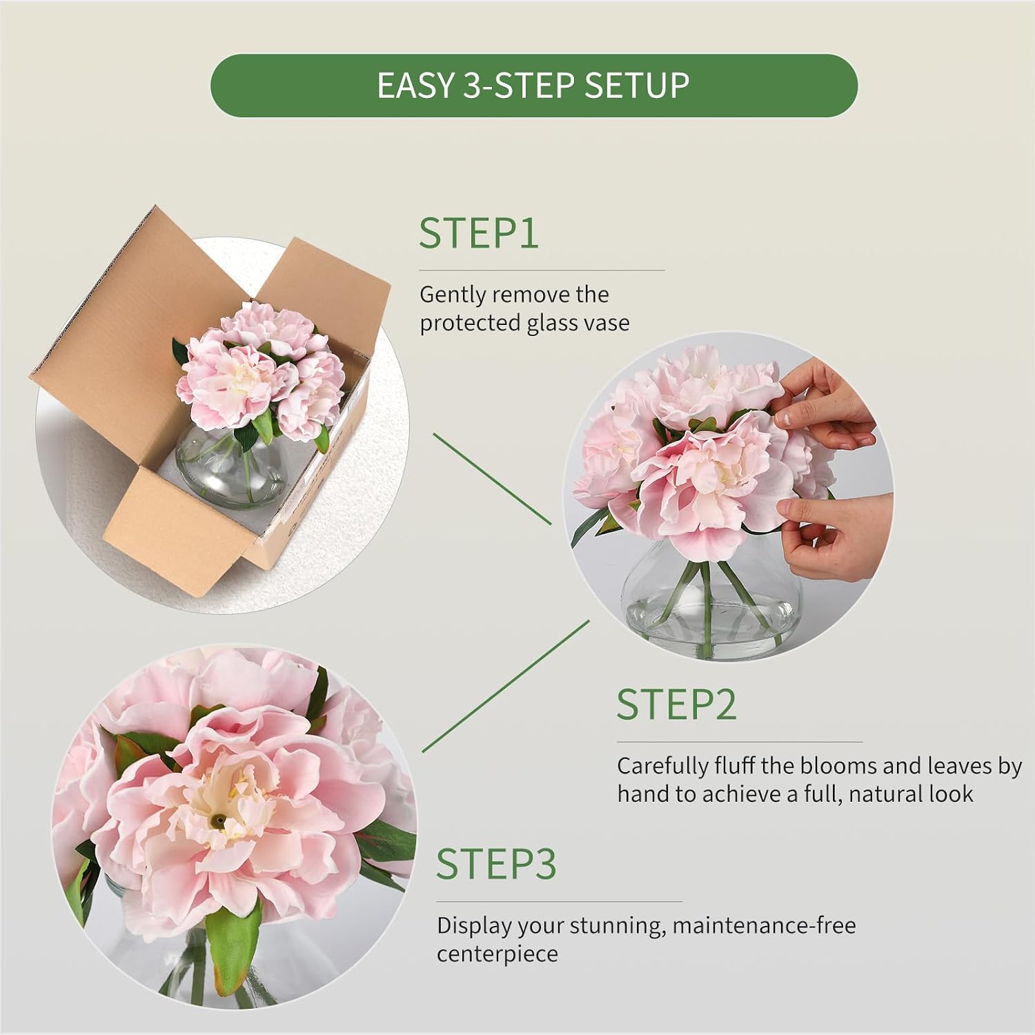 Garvee Pink Peonies Artificial Flowers with Glass Vase, Silk Faux Peony Flower Arrangement with Faux Water, Fake Flowers in Vase for Table Centerpieces, Shelf Bathroom Decor, Home & Wedding Decoration