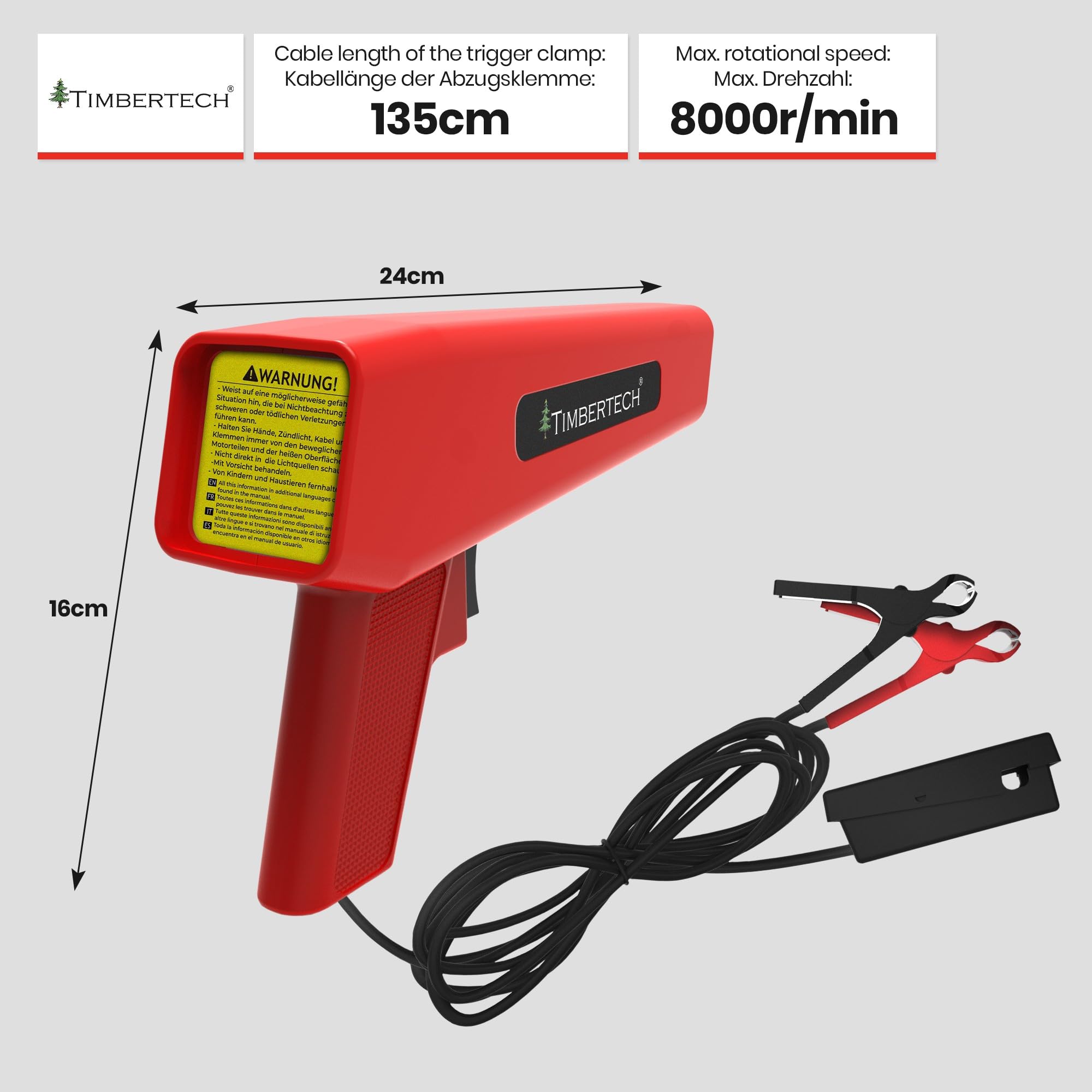TIMBERTECH® Pistola d'Accensione - 12 V, 10 W, 8000 giri/min, con 2 Morse Induttive a Coccodrillo, Luce Xenon - Pistola Stroboscopica, Timing Light, Strumento di Regolazione Anticipo, per Auto
