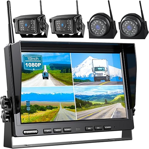 Fookoo Sistema de cámara de respaldo inalámbrico HD de 10 pulgadas, monitor cuádruple dividido 1080P de 10 pulgadas con grabación, cámaras de visión