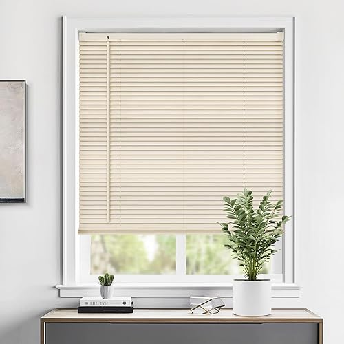 LazBlinds Cordless 1" Vinyl Horizontal Mini Blinds, Light Filtering Blinds for Windows, Blinds and Shades for Windows Size 27" W x 64" H, Beige