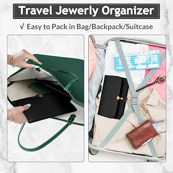 MATEIN Black Travel Jewelry Organizer, Vegan Leather Big Jewelry Rolls | Tangle-Free Necklace Holder, Clear Pockets, for Travel Daily Jewels Earrings Rings Bracelets, Elegant Gifts for Women