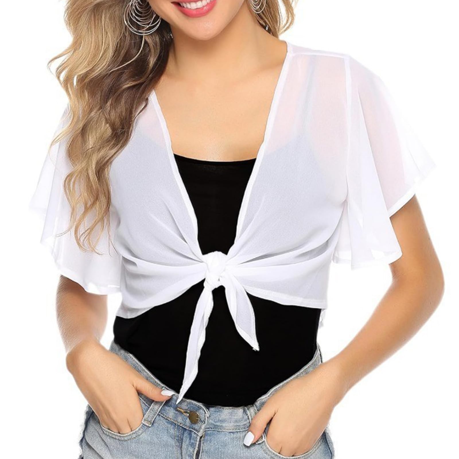 Buxuaaaa Women's White Sheer Chiffons Short Sleeve Tie Front Shrugs Boleros For Cropped Kimono Cardigans Perfect With Cami Dresses Lightweight Coverups